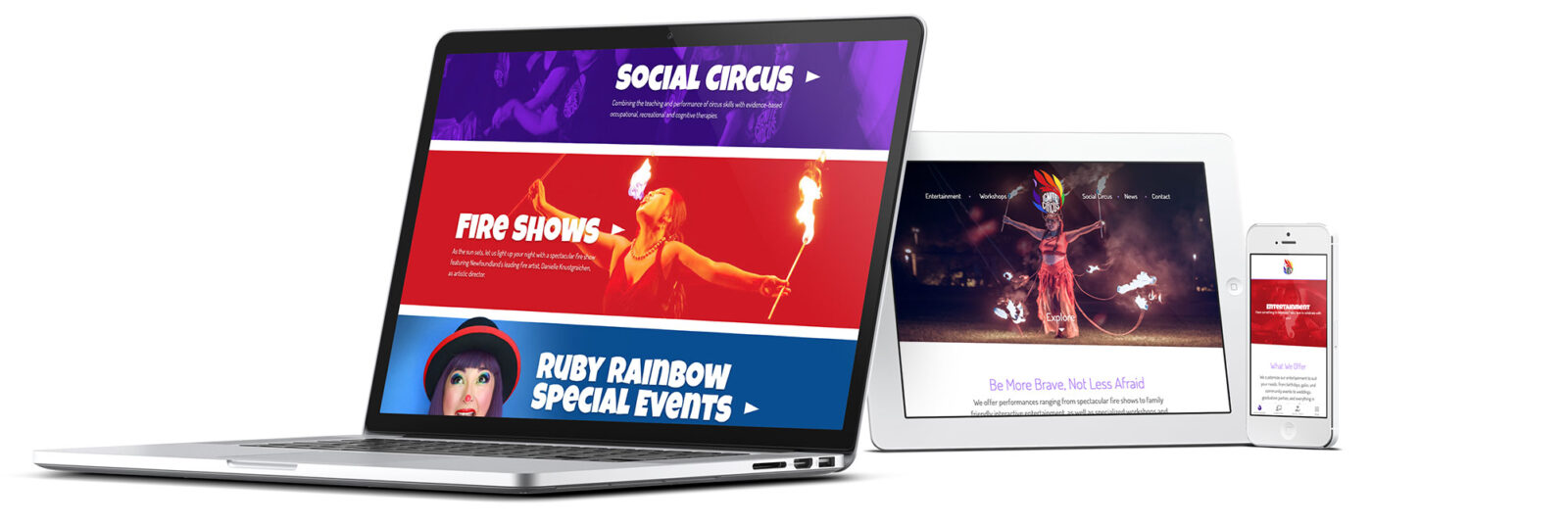 An arrangement of devices displaying pages from the Ignite Circus website