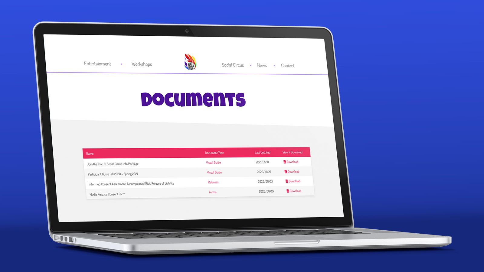 A screenshot of the Ignite Circus document directory displayed on a laptop.